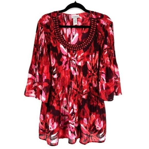Catherines Women's Floral Bell Sleeves Stretch Blouse Red Black Plus Size 1X - Picture 1 of 8